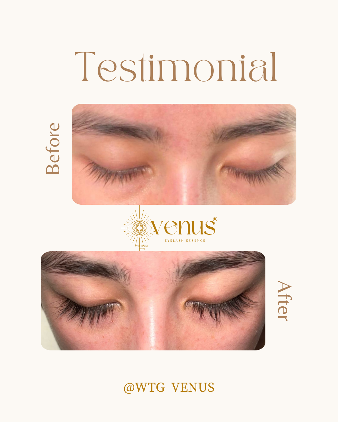 Client before and after, naturally defined lashes